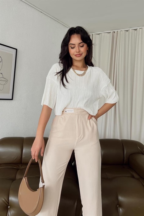 Piliseli Crop Bluz Ekru