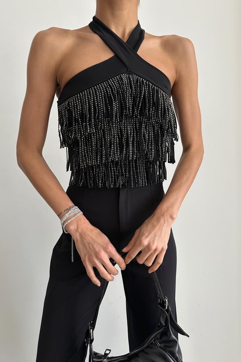 Püsküllü Crop Siyah