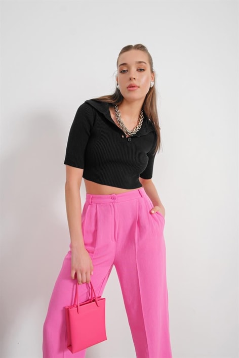 Sırt Dekolteli Örme Triko Bluz Siyah