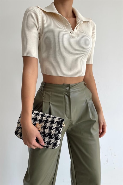 Sırt Dekolteli Örme Triko Bluz Taş