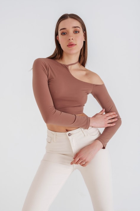Tek Omuz Crop Bluz Camel