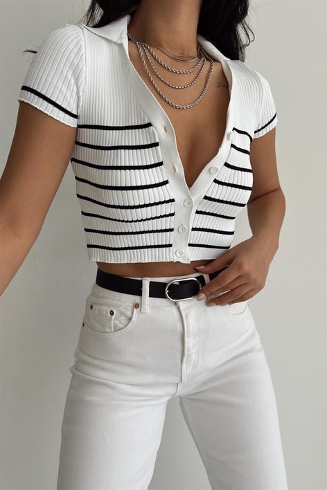 Triko Çizgi Detaylı Bluz Beyaz