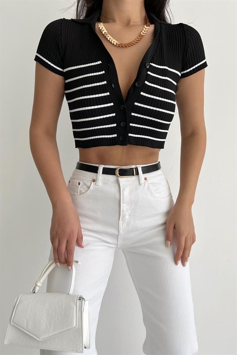 Triko Çizgi Detaylı Bluz Siyah