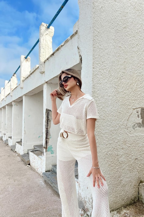 Yakalı Transparan Triko Bluz Bej