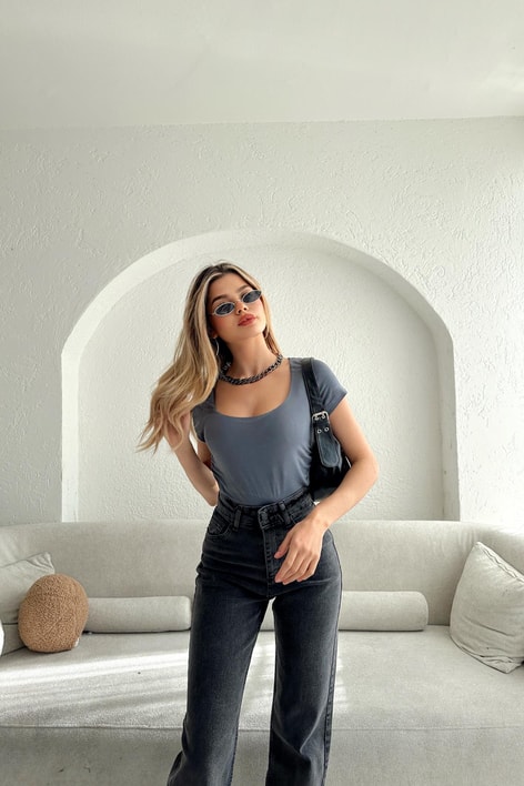 Yan Büzgülü Bluz Antrasit