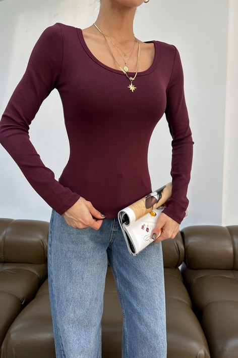 Yuvarlak Yaka Basic Bluz Bordo