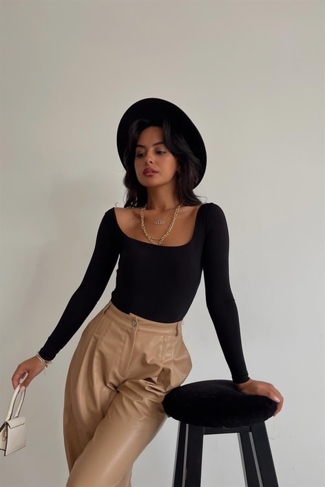 Kare Yaka Basic Bodysuit Siyah
