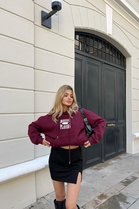 Boston Baskı Kapüşonlu Sweatshirt Bordo