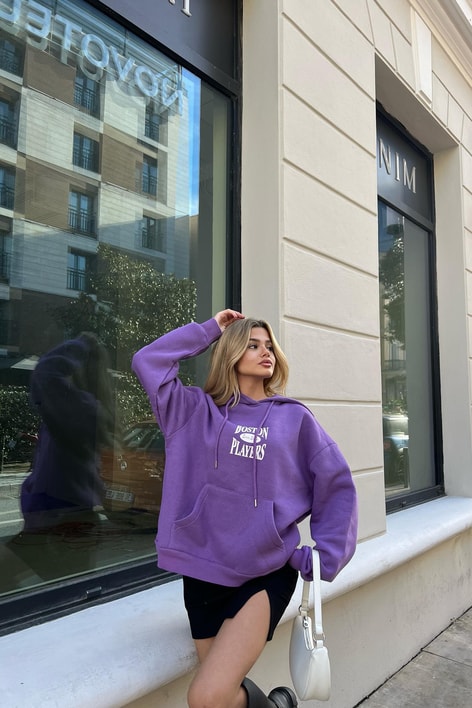 Boston Baskı Kapüşonlu Sweatshirt Mor