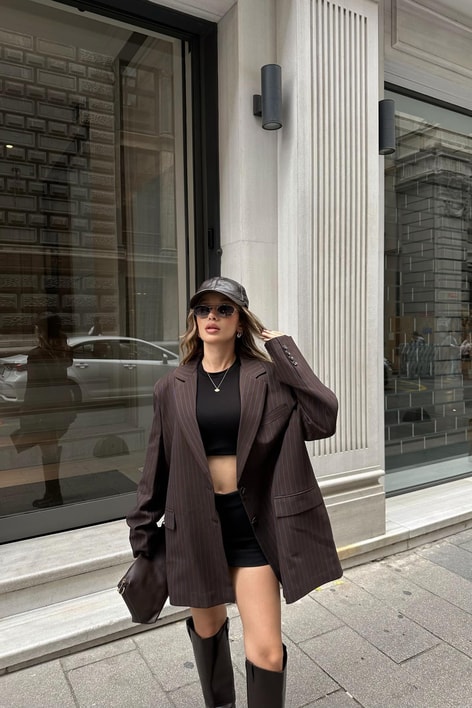 Çizgili Kahve Blazer Ceket Kahve
