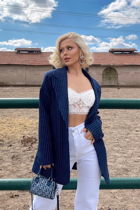 Çizgili Kruvaze Ceket Lacivert