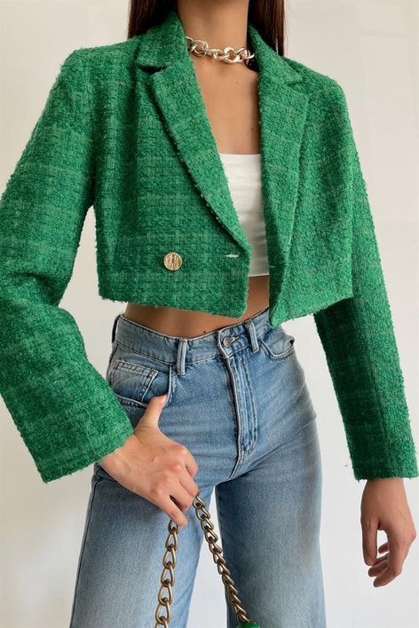 Crop Tüvit Ceket Yeşil