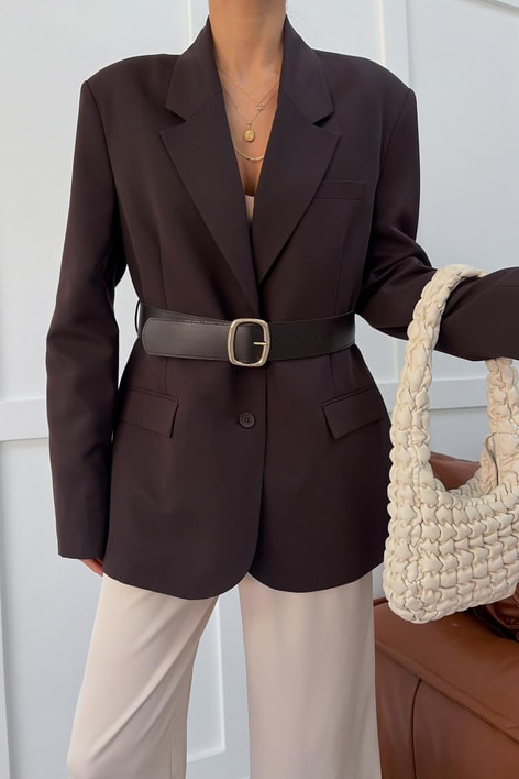 Deri Kermerli Blazer Ceket Kahve