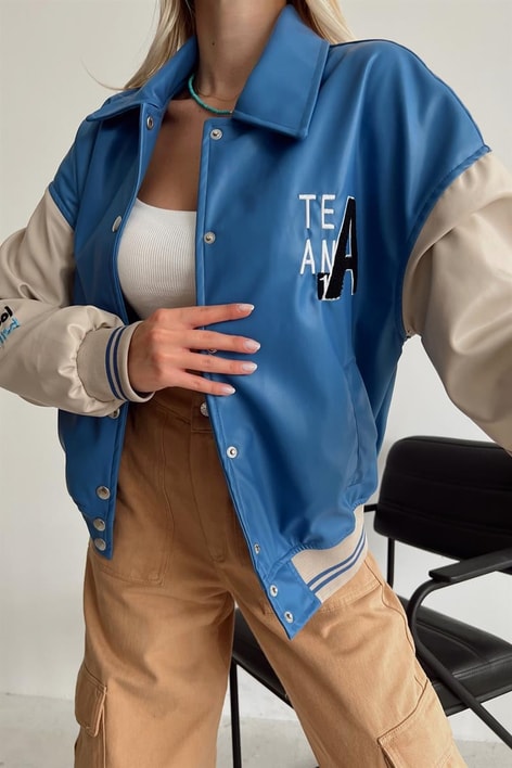 Duo Çıtçıtlı Deri Ceket Mavi