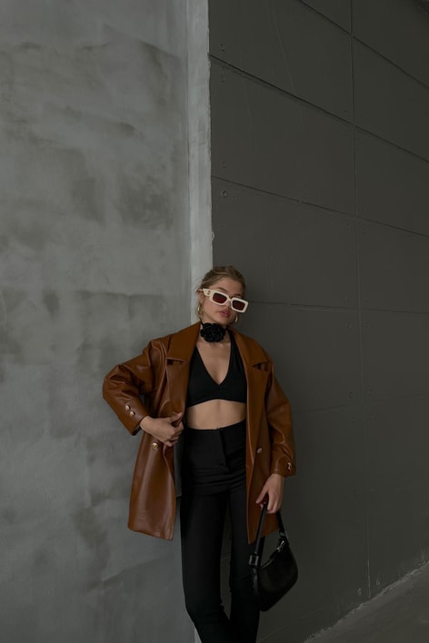 Gold Düğme Oversize Deri Blazer Ceket Kahve