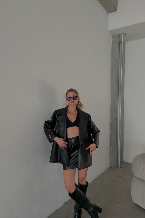 Gold Düğme Oversize Deri Blazer Ceket Siyah