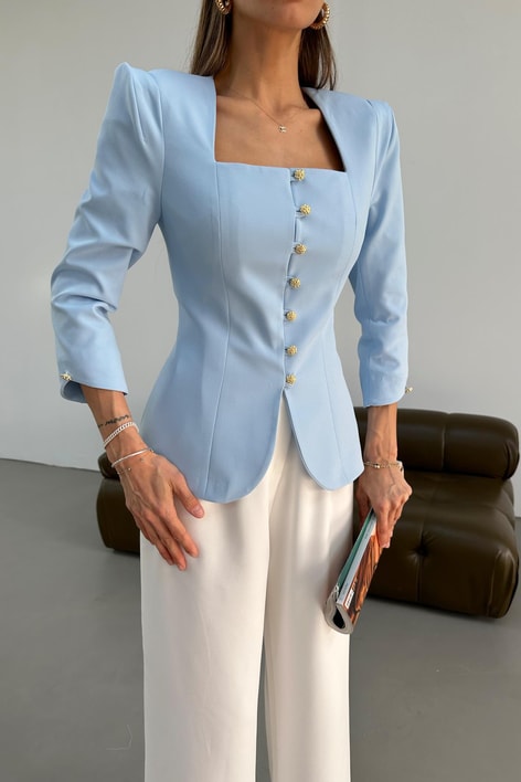 Gold Düğmeli Princess Blazer Mavi