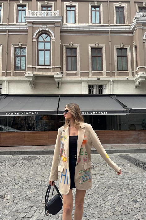 Grafiti Ekose Blazer Ceket Bej