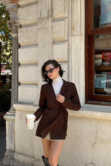 İp Kemerli Blazer Ceket Kahve