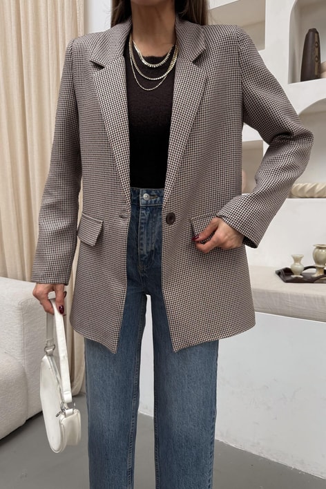 Kazayağı Tek Düğme Blazer Ceket Kahve