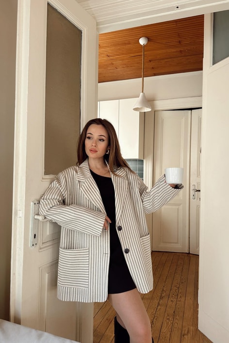 Keten Torba Cep Blazer Ceket Gri