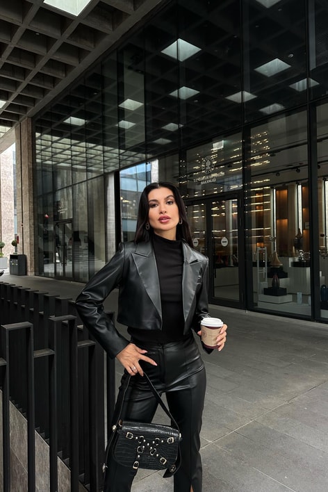 Premium Crop Deri Blazer Siyah