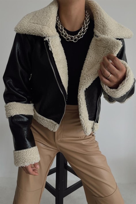 Premium Kürk Yaka Biker Deri Ceket Siyah