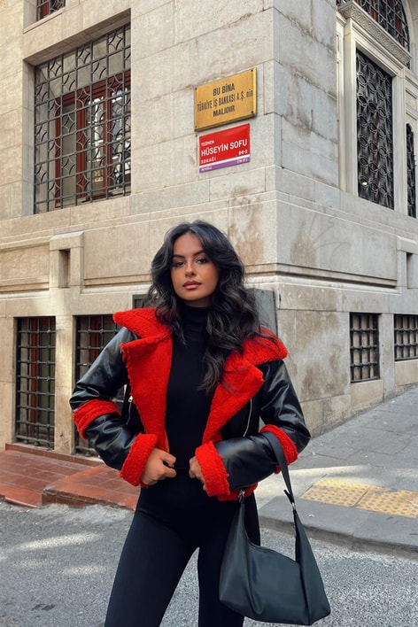 Premium Kürk Yaka Biker Deri Ceket Kırmızı