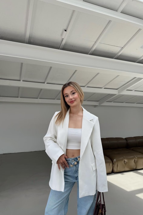 Tek Düğme Blazer Ceket Beyaz