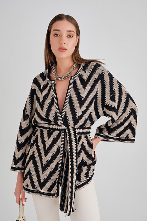 Zikzak Desenli Kuşaklı Hırka Siyah