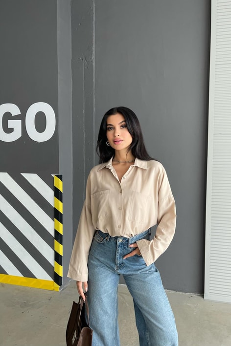 Çift Cepli Uzun Basic Gömlek Taş