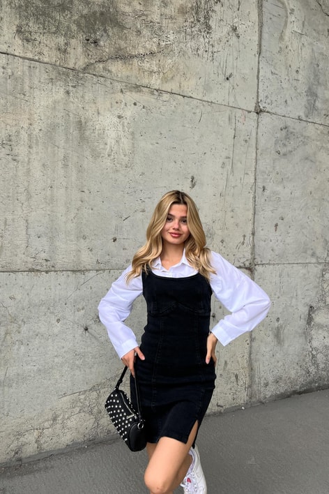 Arkası Fermuarlı Mini Denim Elbise Siyah