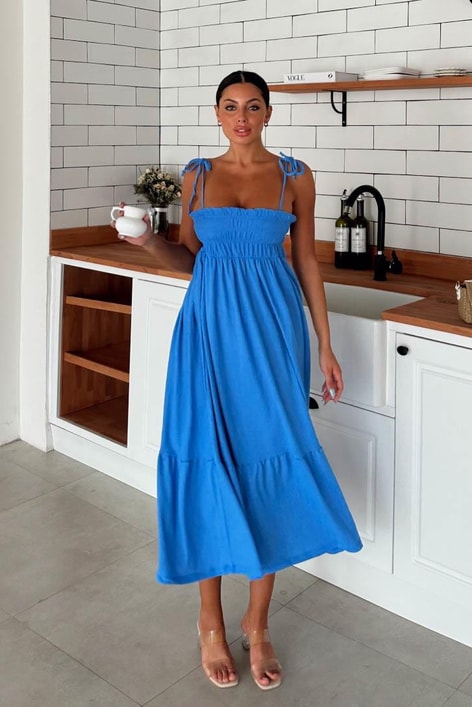 Askılı Candy Uzun Elbise Mavi