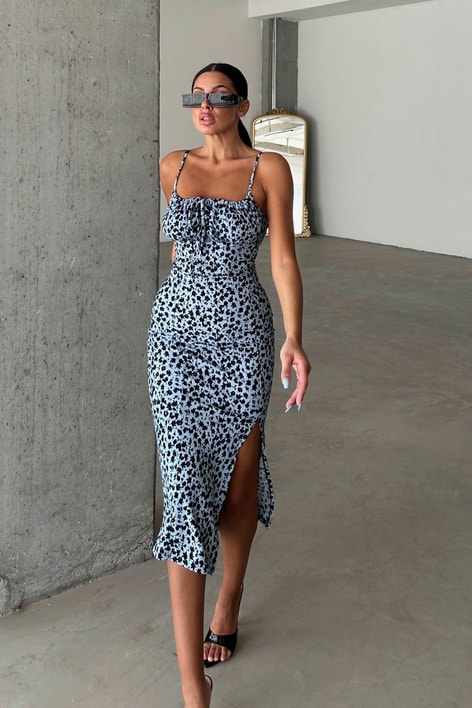 Askılı Çıtır Yırtmaçlı Elbise Turkuaz