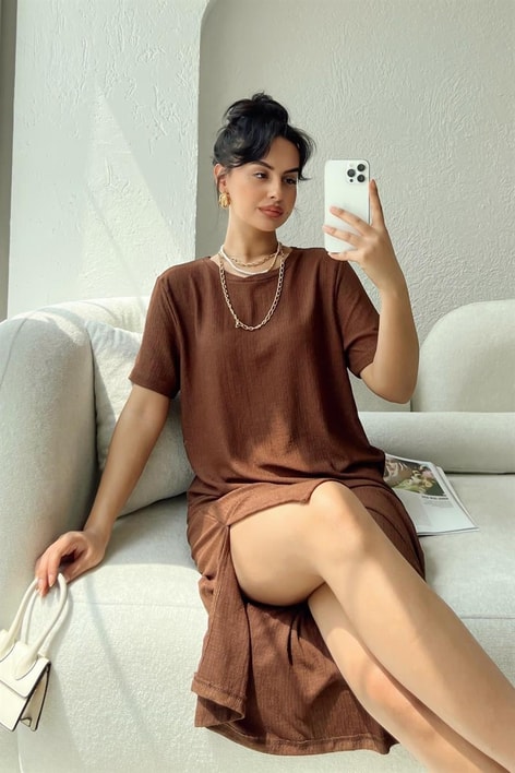 Basic Fitilli Midi Elbise Kahve