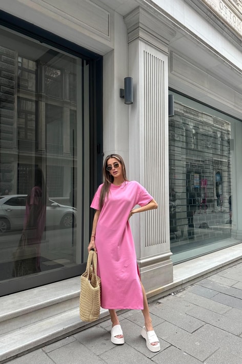 Basic Yanları Yırtmaçlıı Elbise Pembe