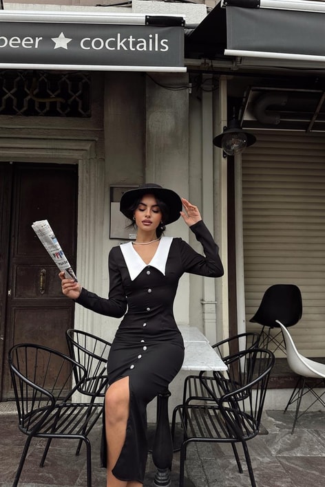 Bebe Yaka Fitilli Elbise Siyah