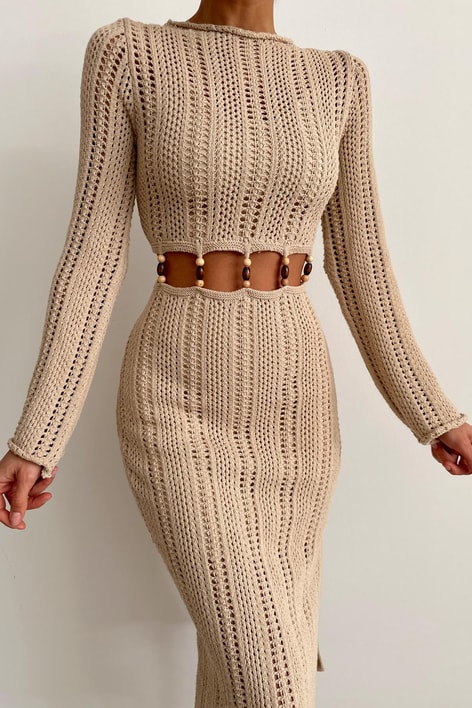 Bel Detay Bohem Elbise Bej