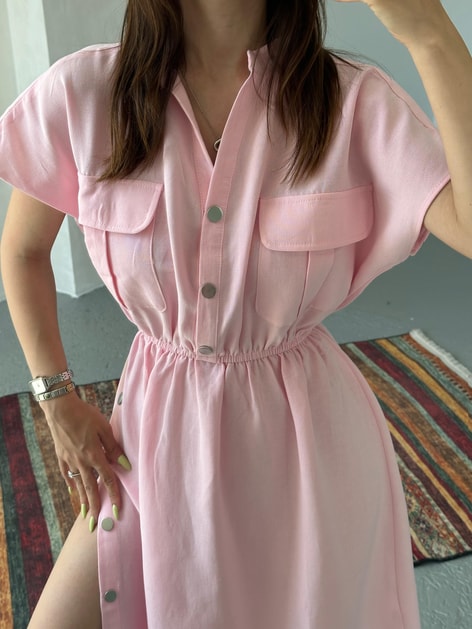 Beli Lastikli Çıtçıt Detay Elbise Pembe