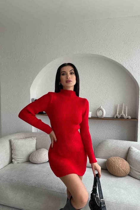 Çan Etek Mini Triko Elbise Kırmızı