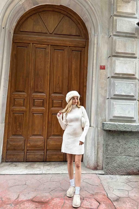 Çan Etek Mini Triko Elbise Taş