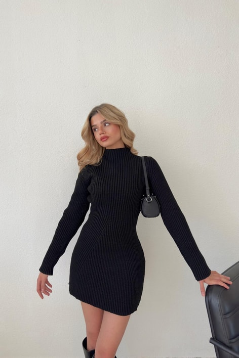 Çan Etek Simli Triko Elbise Siyah