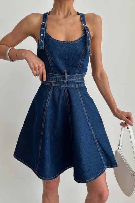 Çapraz Kemerli Denim Elbise Lacivert