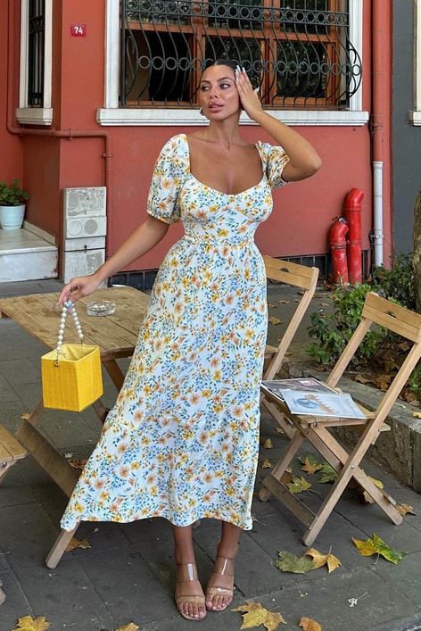 Daisy Balon Kollu Uzun Elbise Oranj