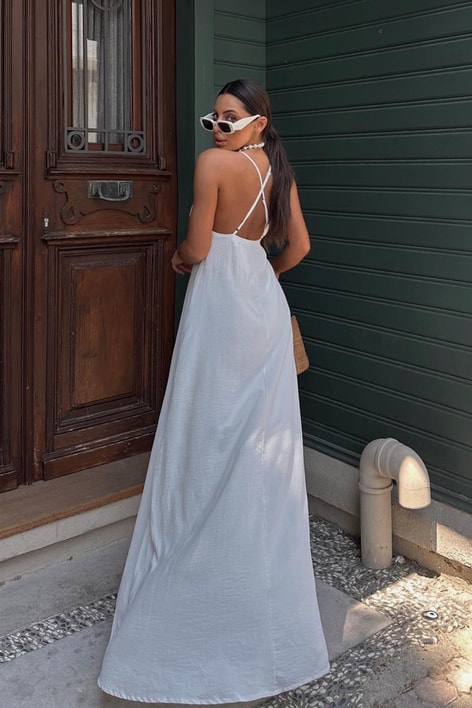 Dantel Detay İp Askılı Elbise Ekru