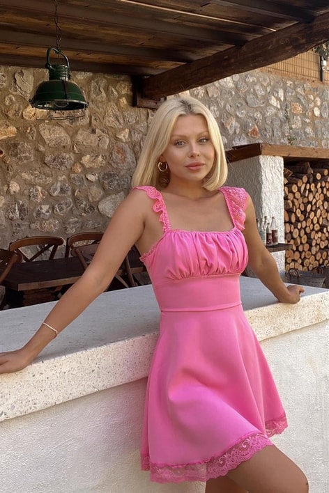 Dantel İşlemeli Thena Elbise Pembe
