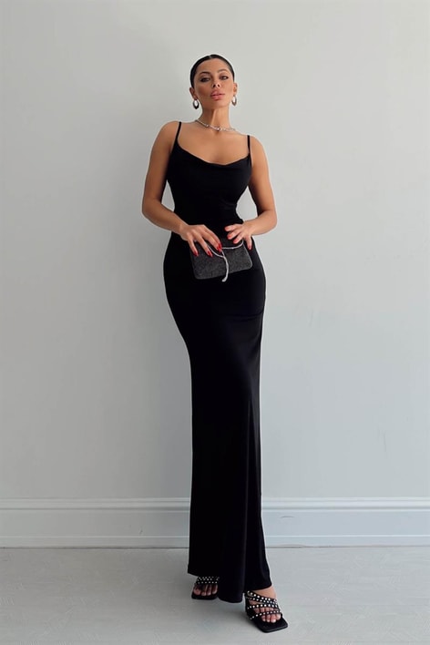 Degaje Yaka Askılı Uliana Elbise Siyah