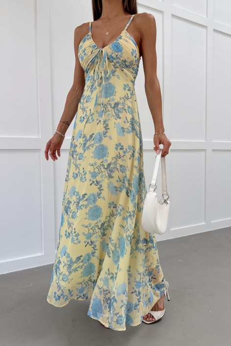 Desenli Göğüs Büzgü Şifon Elbise Sarı