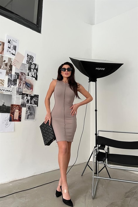 Dikiş Detay Sıfır Kol Elbise Gül Kurusu