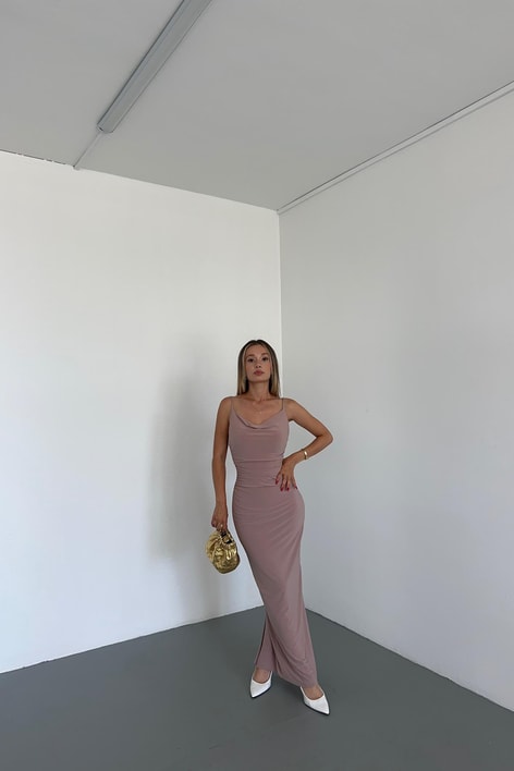 Drape Detay Skıms Elbise Bej
